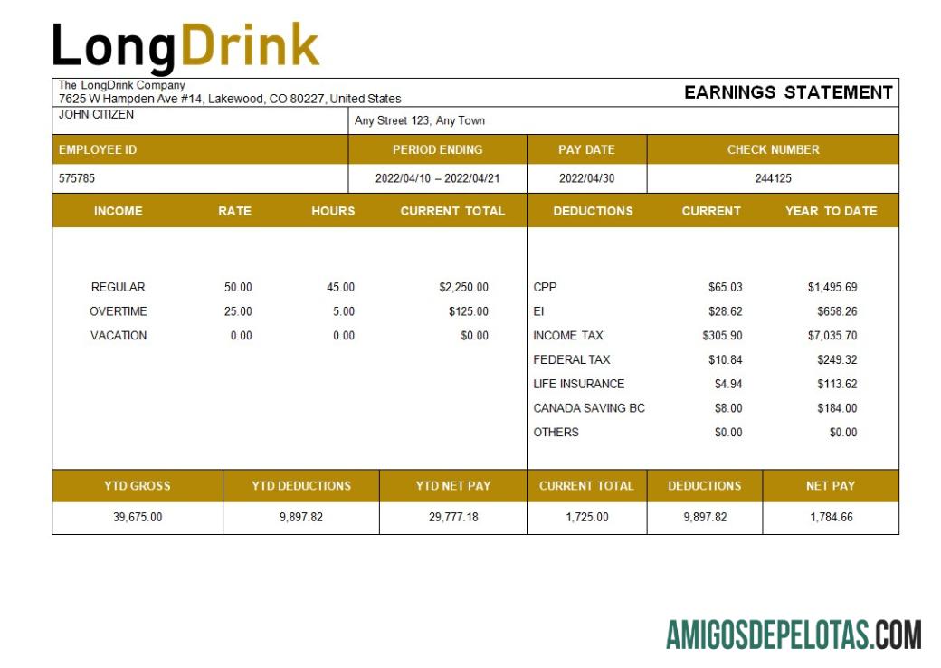 Realista Modelo de folha de pagamento da LongDrink Company em formatos Word e PDF